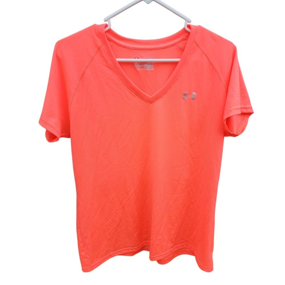 Under Armour HeatGear Womens V-Neck Short Sleeve Shirt Neon Orange Coral Large - Picture 1 of 5